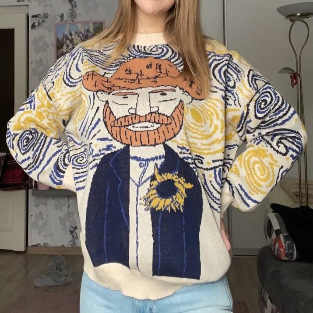 Women's Knit Crew Neck Sweater Long Sleeve Casual Van Gogh Cartoon Pullover - Picture 4 of 4